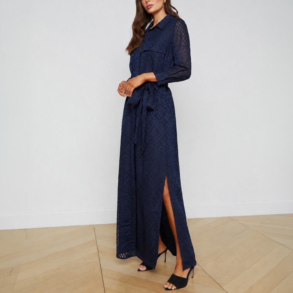 L'Agence Cameron Navy Sheer Textured Belted Maxi Shirt Dress Size M
